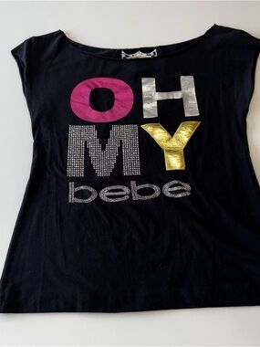 bebe Black Tee with Pink, Silver & Gold Graphic